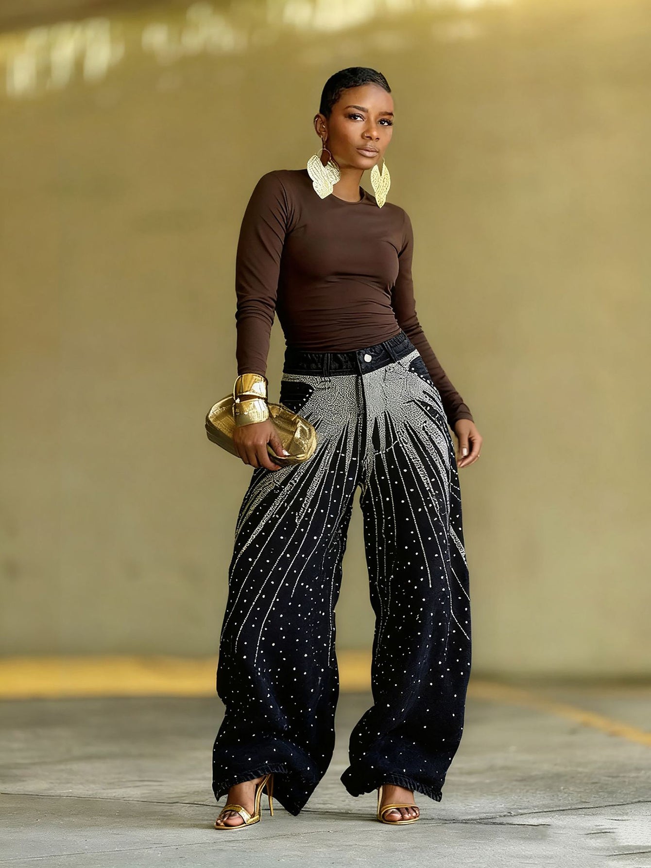 Stylish Washed Starry Rhinestone Jeans