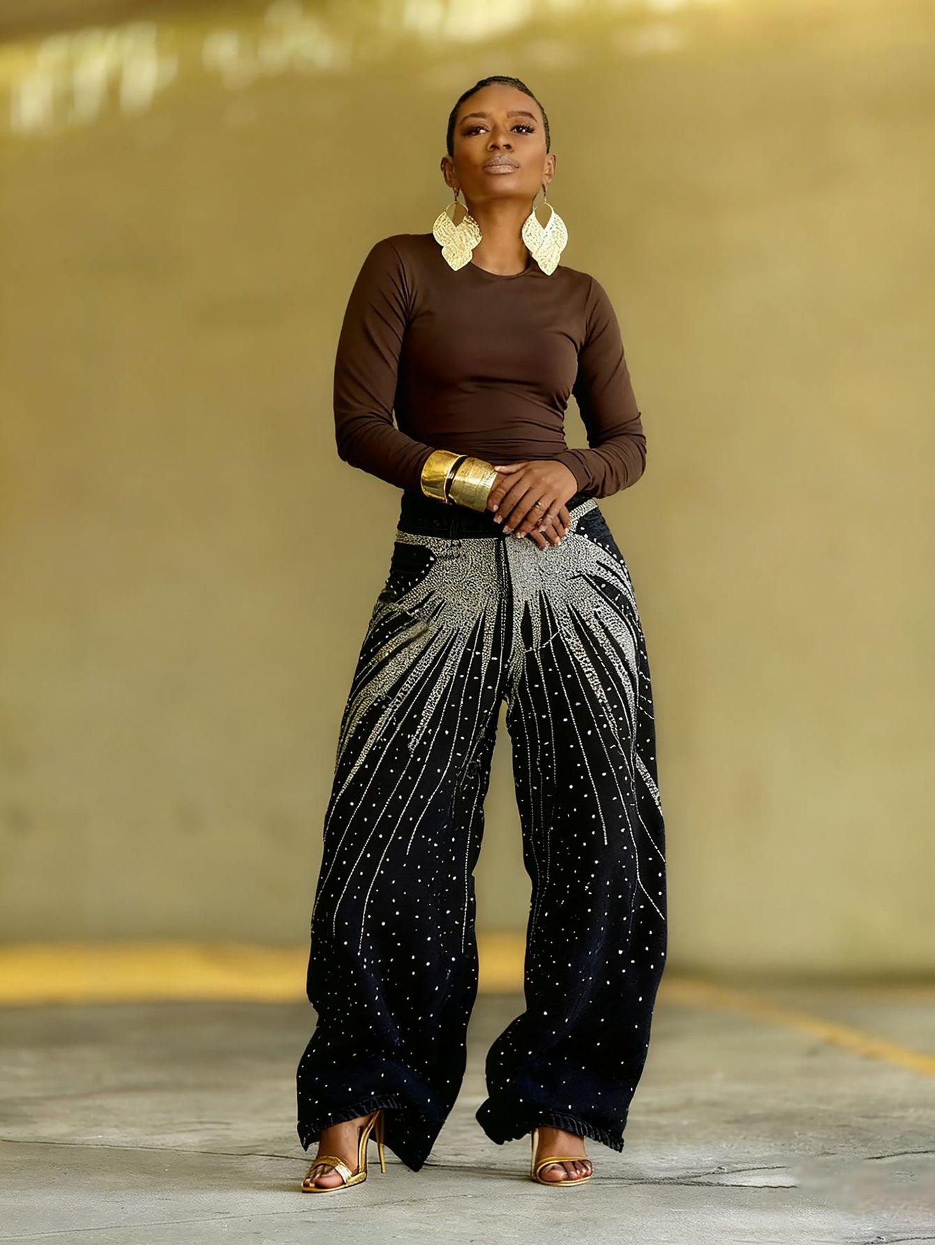 Stylish Washed Starry Rhinestone Jeans