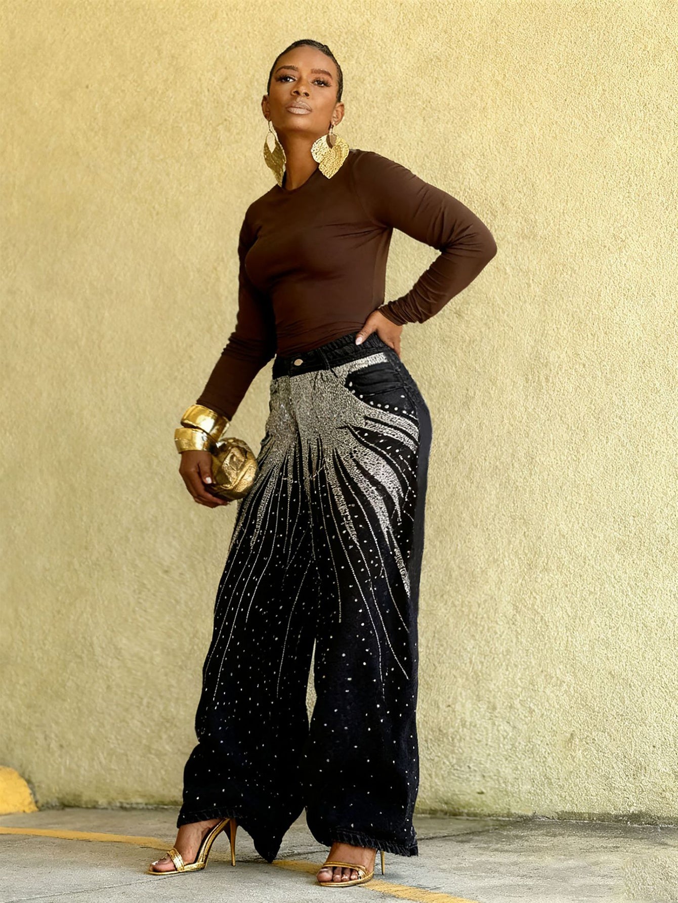 Stylish Washed Starry Rhinestone Jeans