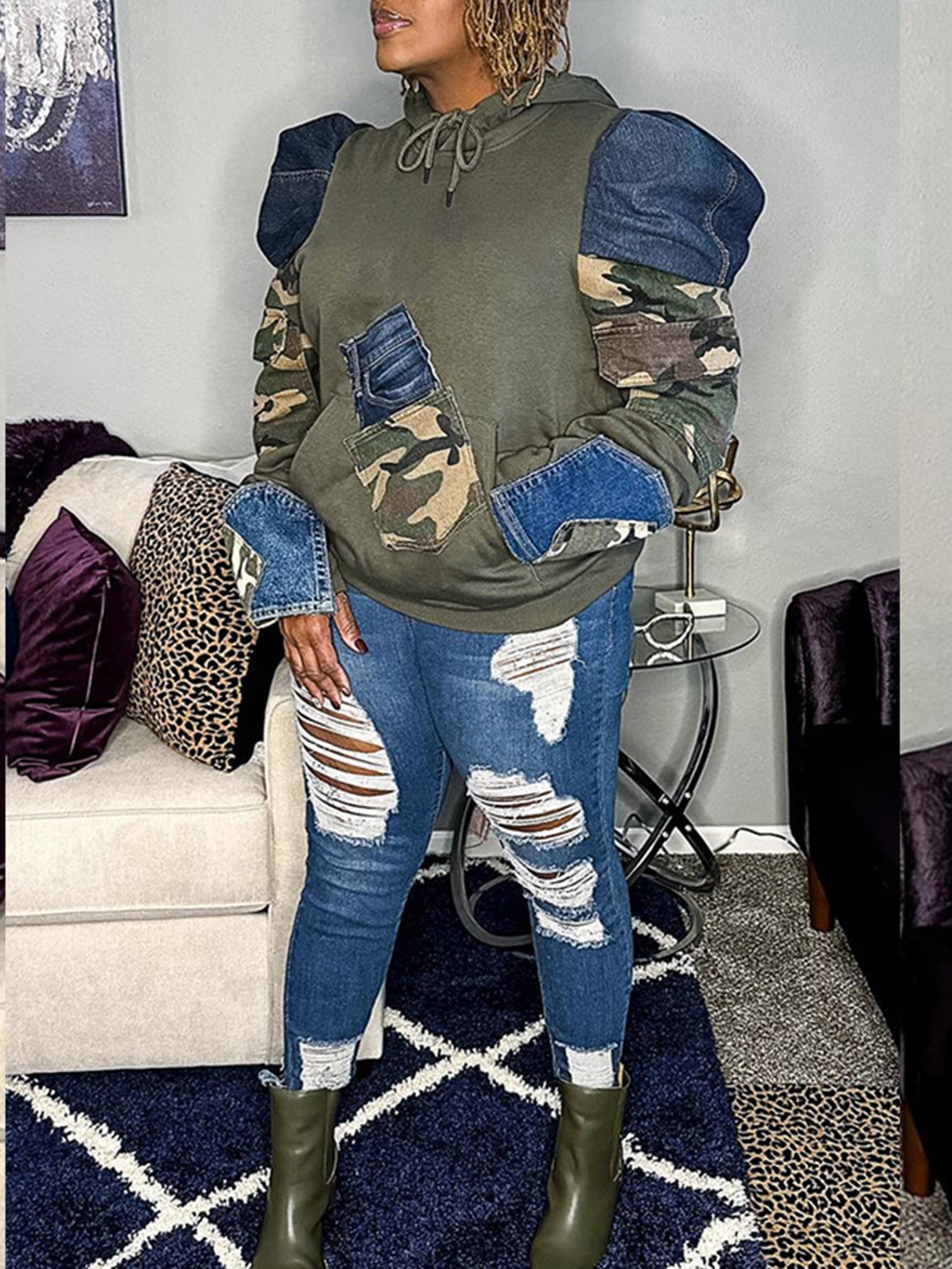 Stylish Denim Patchwork Bubble-sleeve Camouflage Hoodie