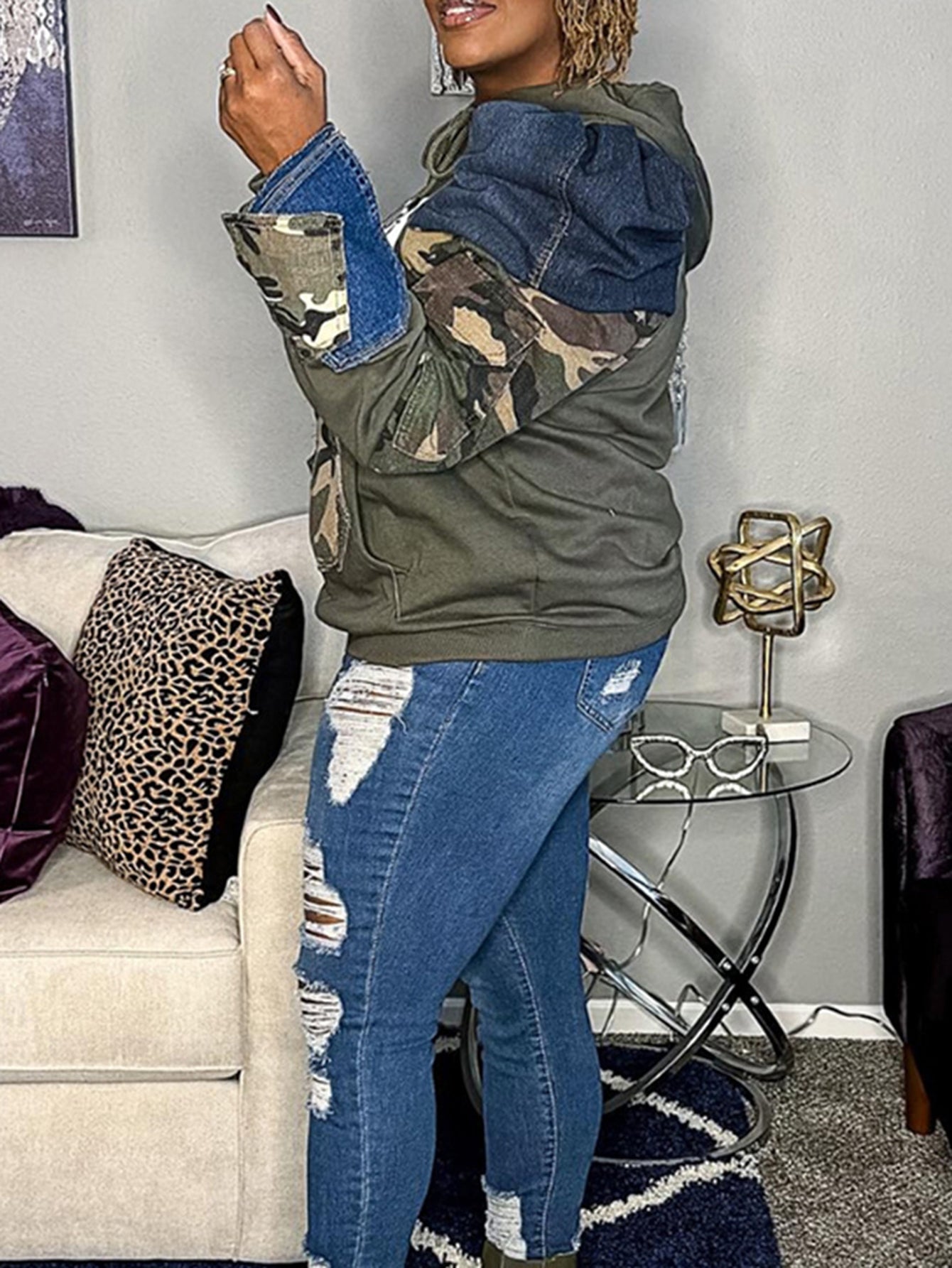 Stylish Denim Patchwork Bubble-sleeve Camouflage Hoodie