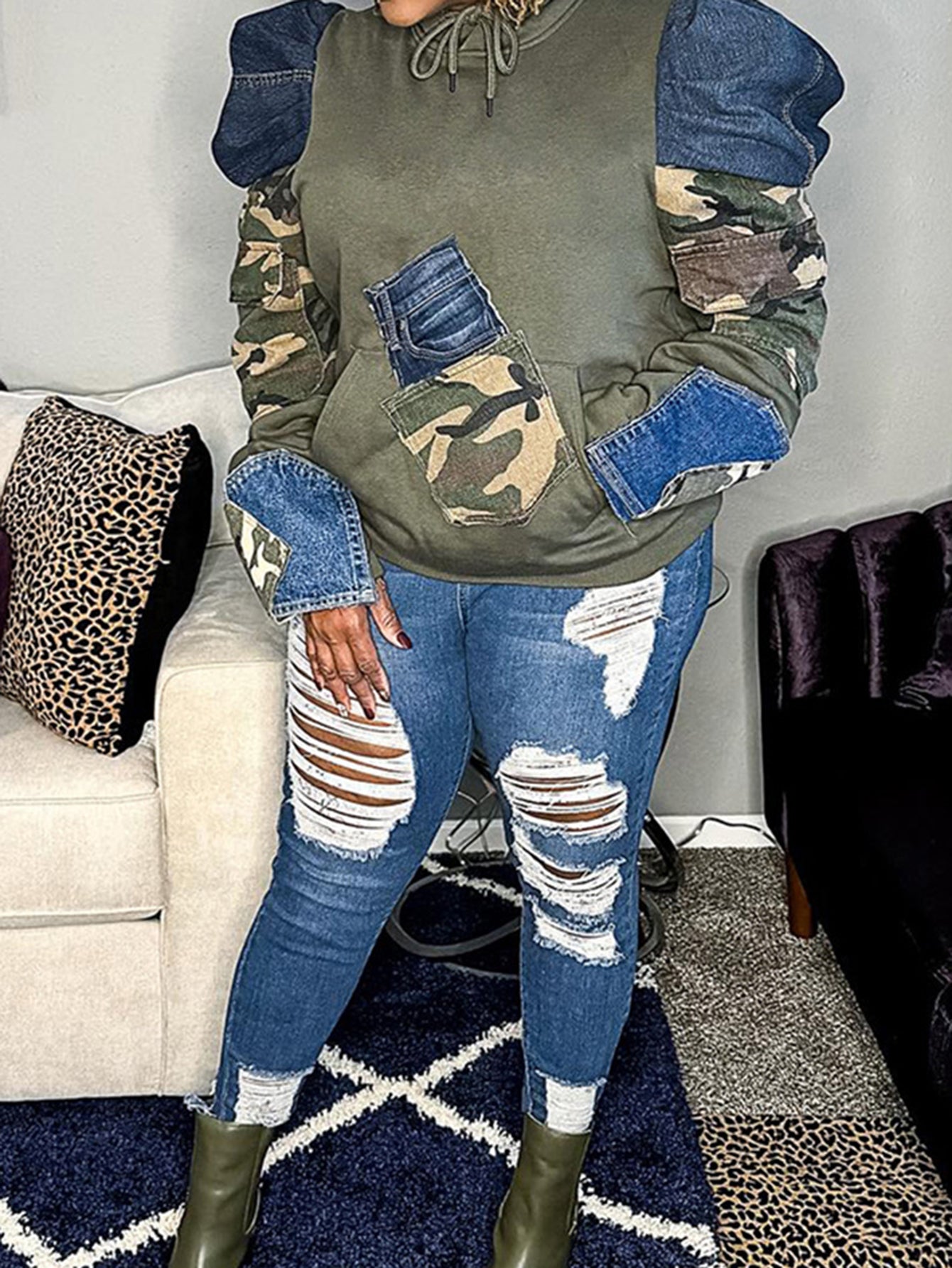 Stylish Denim Patchwork Bubble-sleeve Camouflage Hoodie