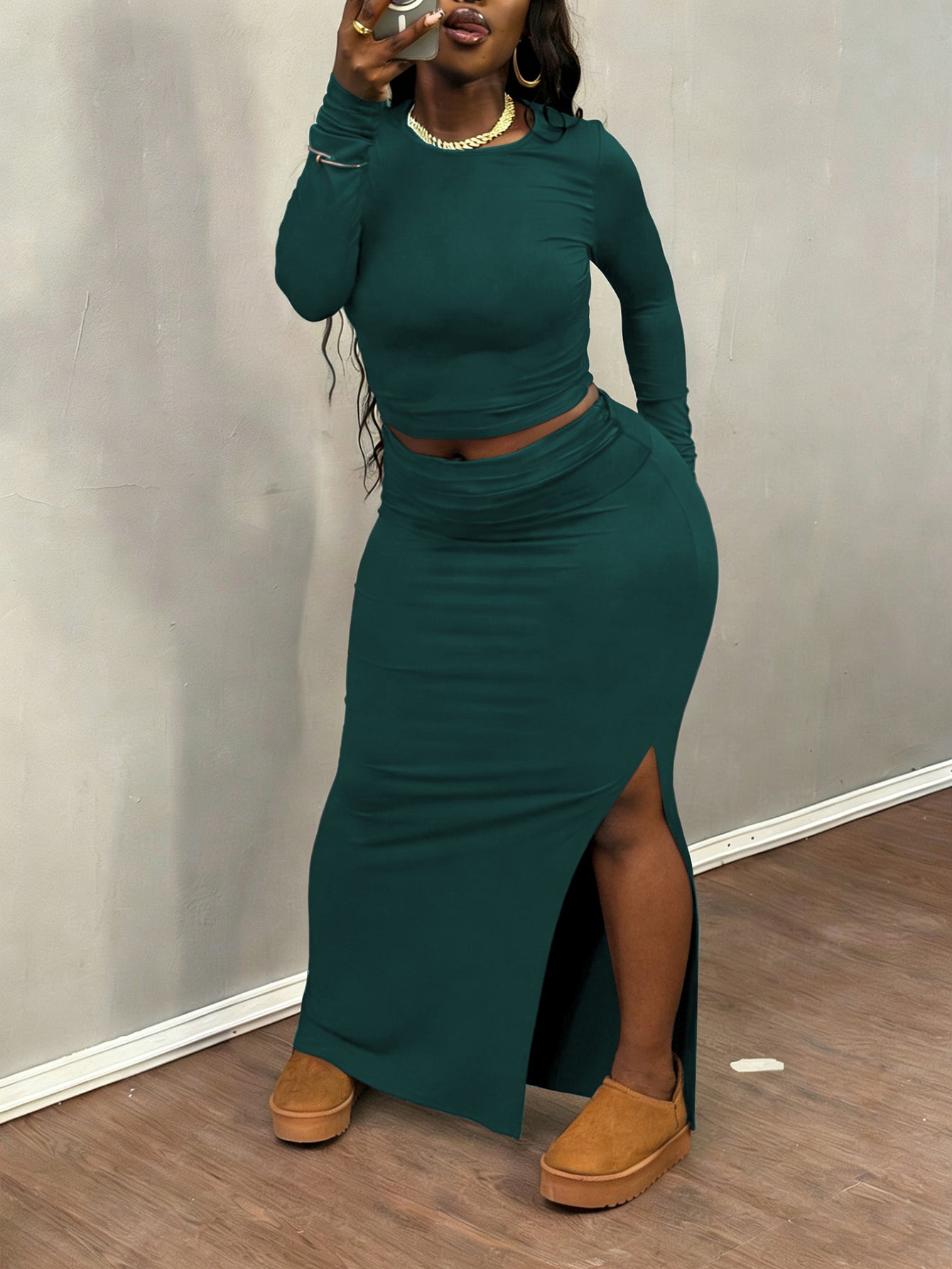 Stylish Solid T-shirt & Side-slit Skirt Set