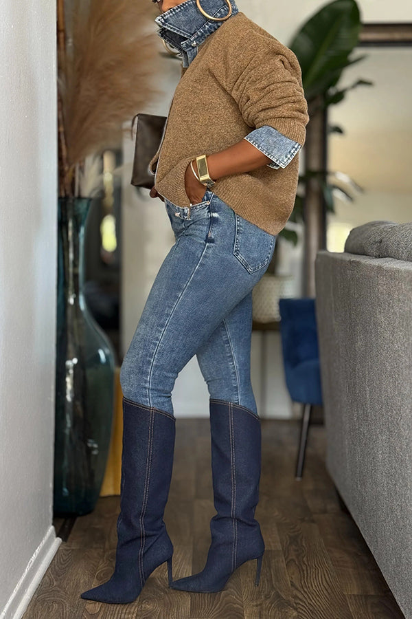 Stylish Button Up Denim Splicing Cardigan