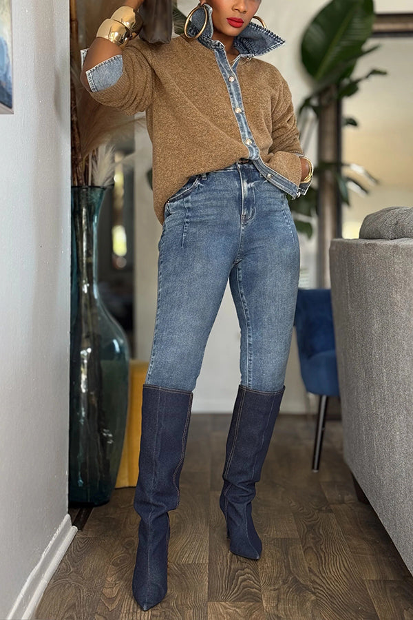 Stylish Button Up Denim Splicing Cardigan