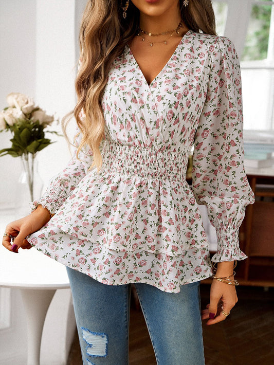 Ladies' Fashionable Printed V-Neck Long Sleeved Shirt