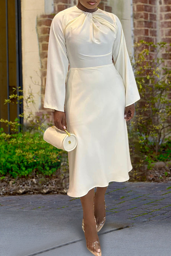 Elegant Pleated Collar Trumpet Sleeve Dress