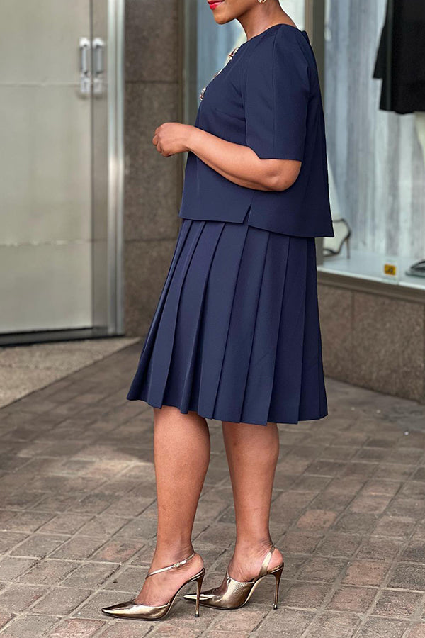 Elegant Short Sleeve Top & Pleated Skirt Set