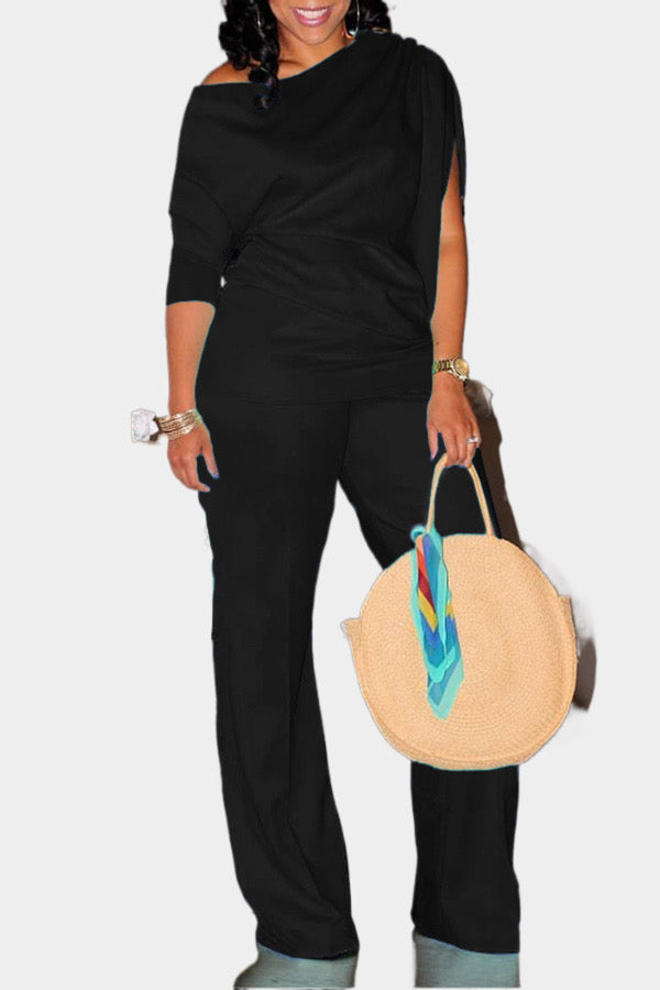 Oblique Neck Solid Top & Pants Set