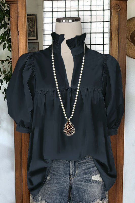 Cotton Pleated V-neck Puff Sleeve Top