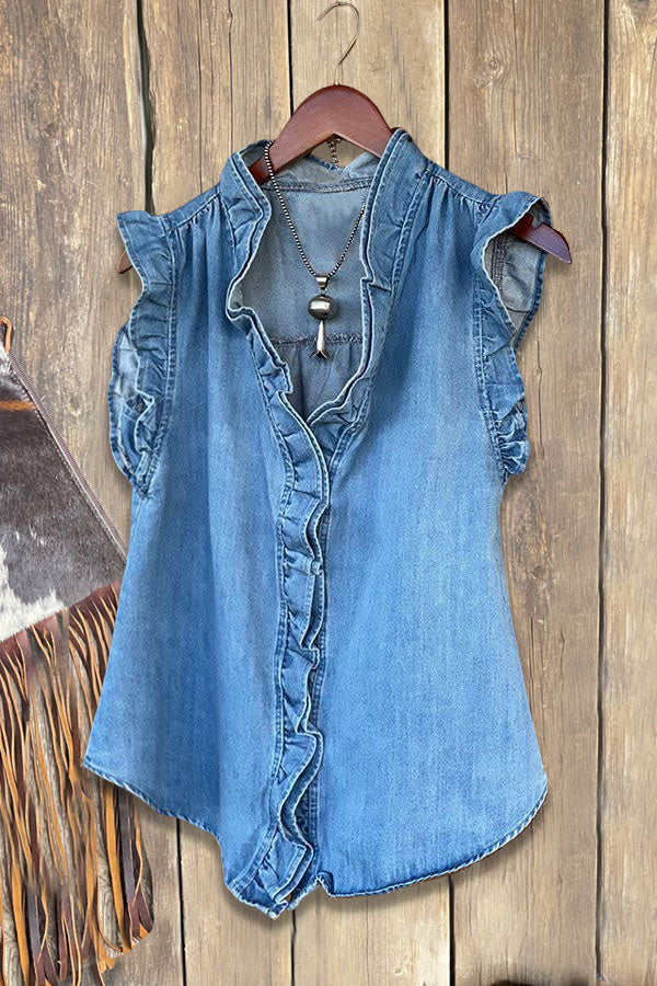 Casual Ruffled Denim Tank