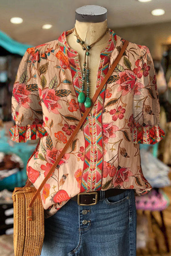 Elegant Floral Print Paneled Geometric Puff Sleeve Top