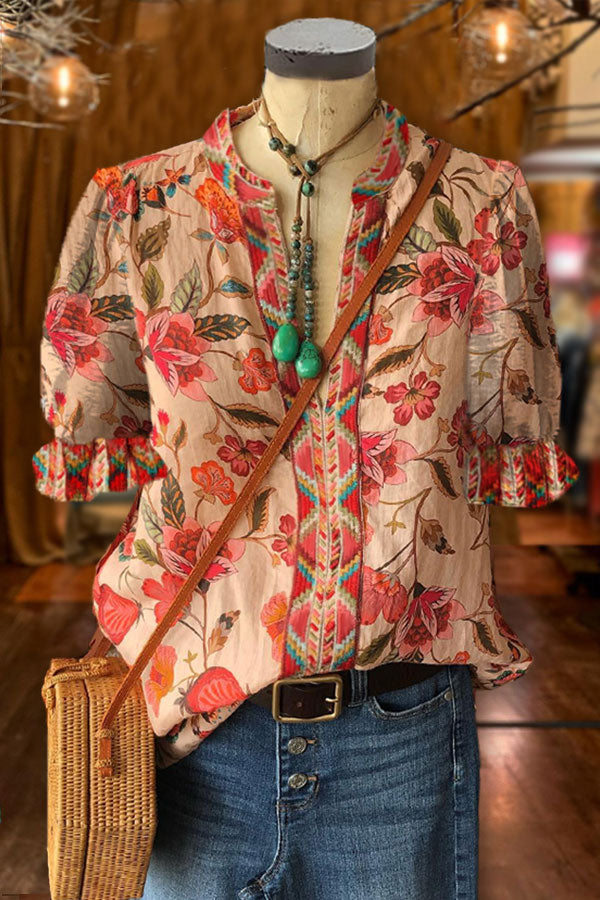 Elegant Floral Print Paneled Geometric Puff Sleeve Top