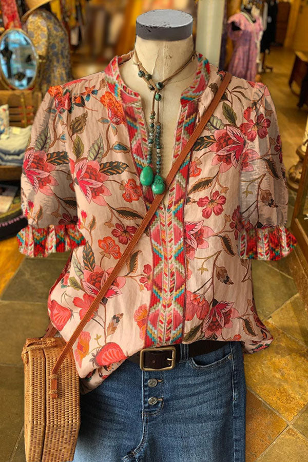 Elegant Floral Print Paneled Geometric Puff Sleeve Top