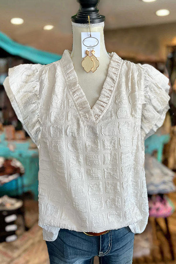 Textured V-neck Ruffle Top