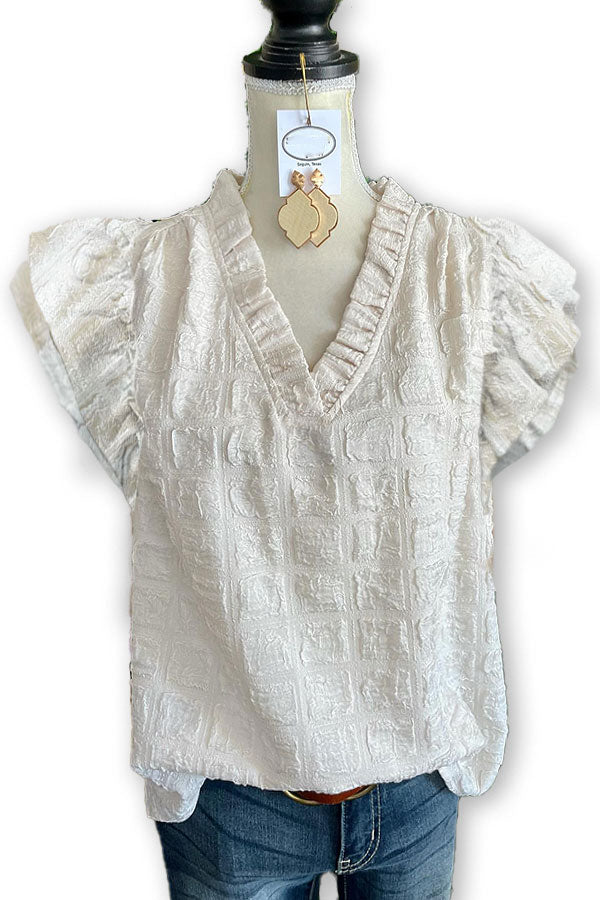 Textured V-neck Ruffle Top