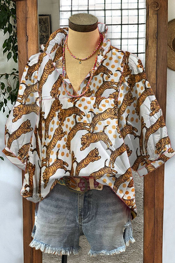 Casual Polka Dot Mix Tiger Print Blouse