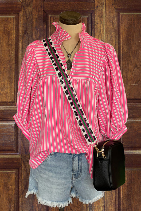 Casual Ruffle Striped Print Blouse
