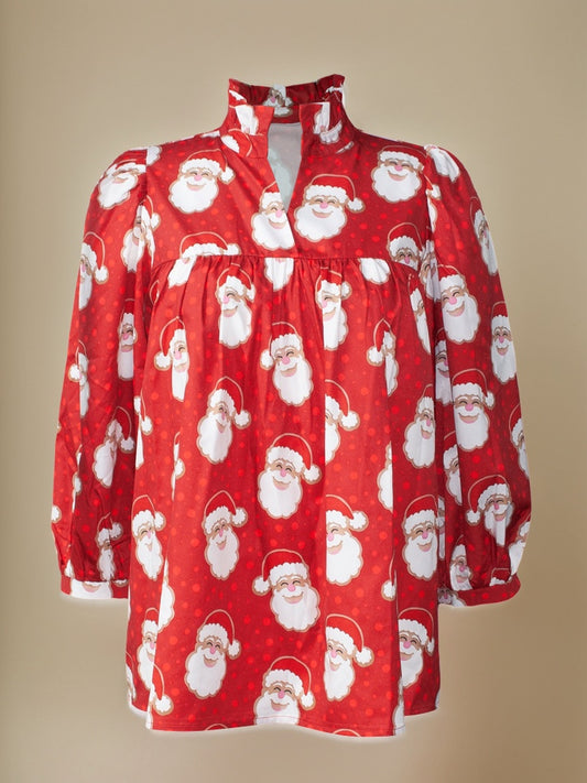 Santa Mixed Graphic Print Pleated Puff Sleeve Top