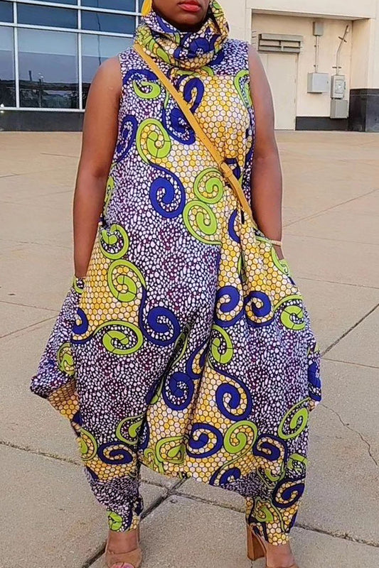 Fashion Print Sleeveless High Neck Low Crotch Loose Jumpsuit