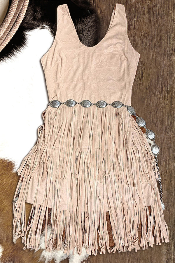 Strappy Open-back Side-zip Tiered Fringed Mini Dress