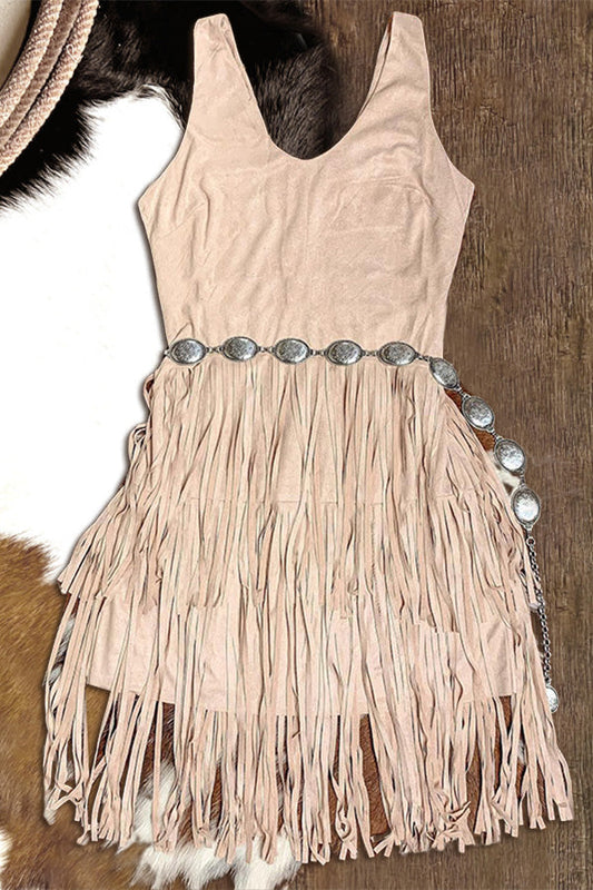 Strappy Open-back Side-zip Tiered Fringed Mini Dress