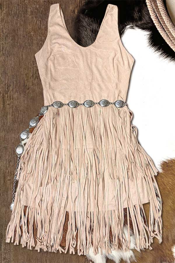 Strappy Open-back Side-zip Tiered Fringed Mini Dress