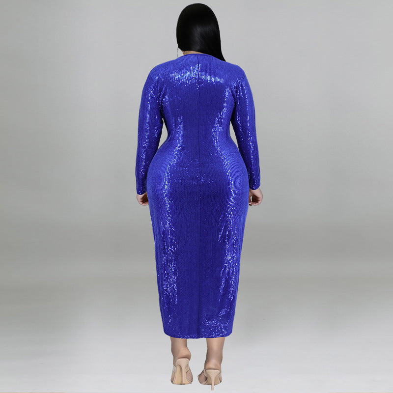 Plus-Size Autumn Women's Dress With Velvet-Bottom Embroidered Beads