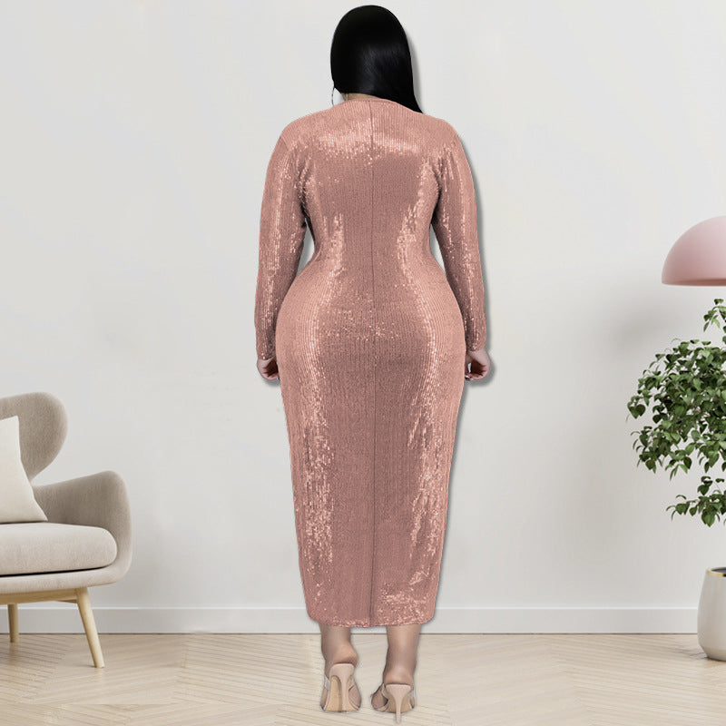 Plus-Size Autumn Women's Dress With Velvet-Bottom Embroidered Beads