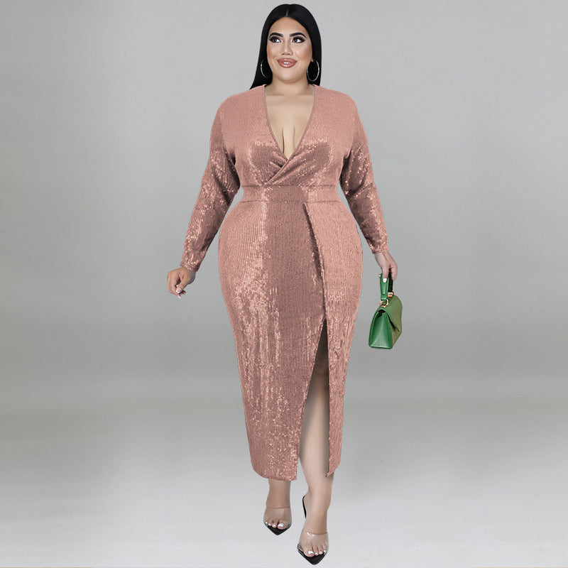 Plus-Size Autumn Women's Dress With Velvet-Bottom Embroidered Beads
