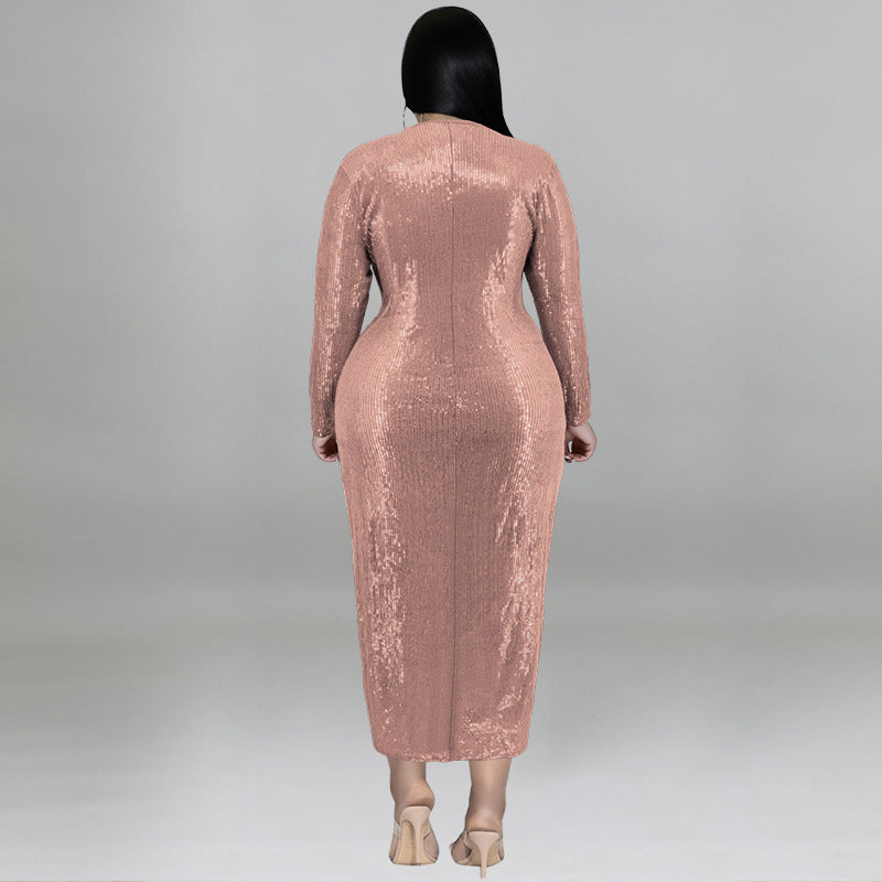 Plus-Size Autumn Women's Dress With Velvet-Bottom Embroidered Beads