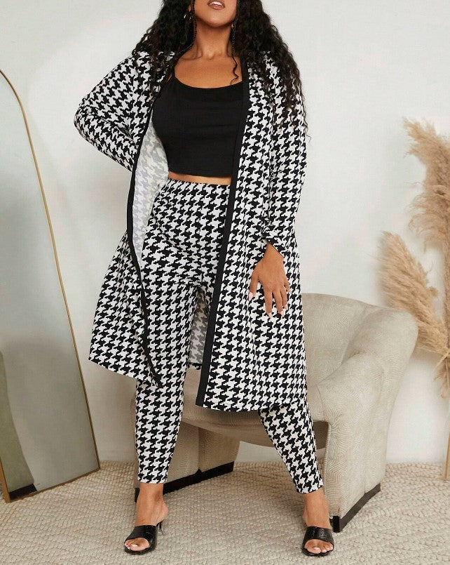 Fashion Print Long Sleeve Patchwork Plaid Trousers And Coats For Women
