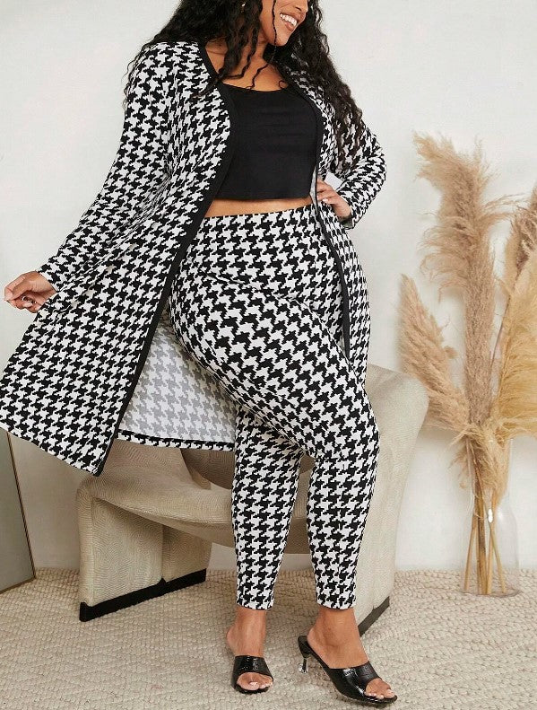 Fashion Print Long Sleeve Patchwork Plaid Trousers And Coats For Women