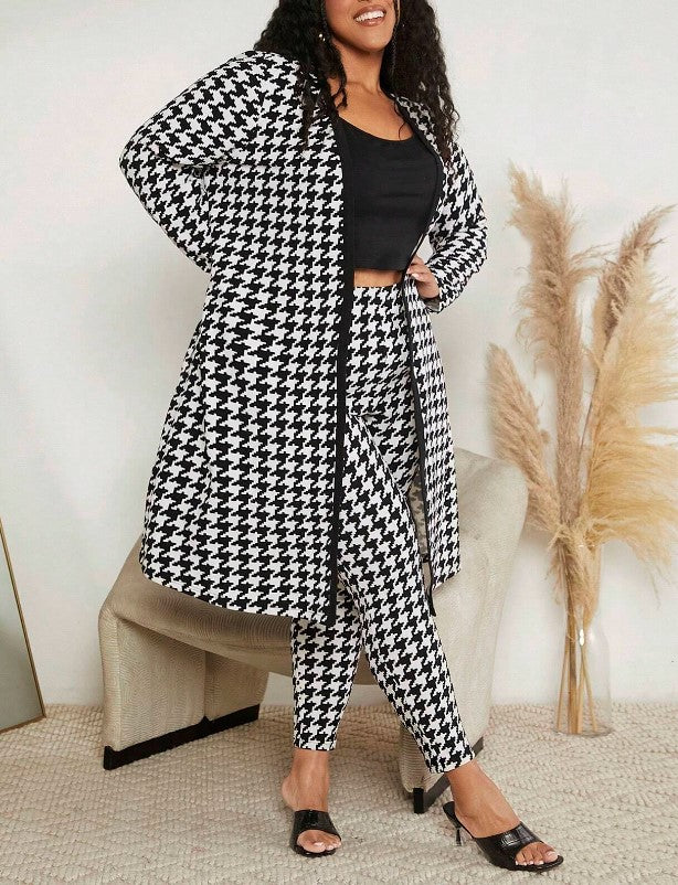 Fashion Print Long Sleeve Patchwork Plaid Trousers And Coats For Women