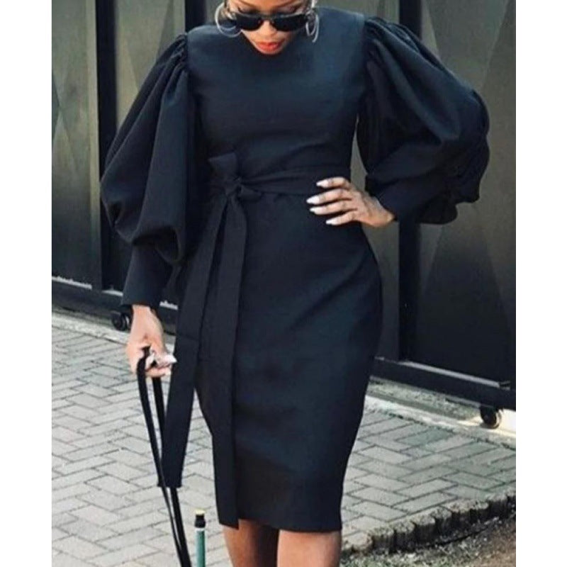 Women's Lantern Sleeve Temperament Commuter Bag Buttock Dress