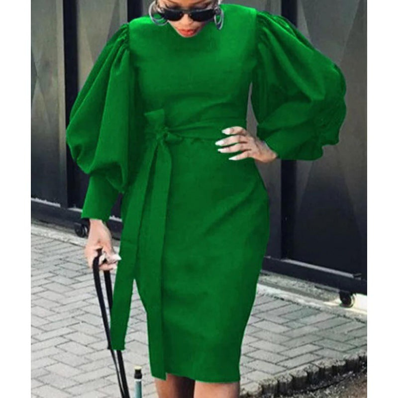 Women's Lantern Sleeve Temperament Commuter Bag Buttock Dress