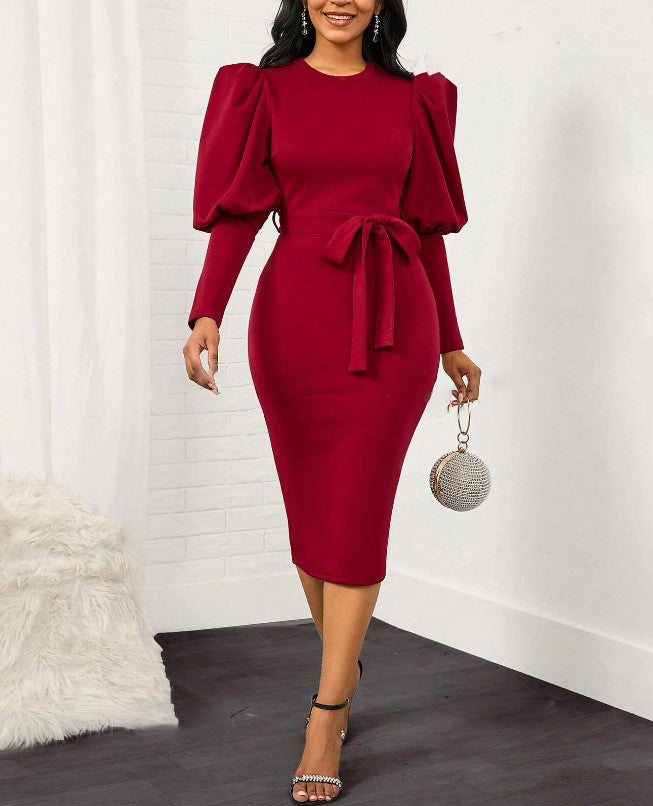 Women's Lantern Sleeve Temperament Commuter Bag Buttock Dress