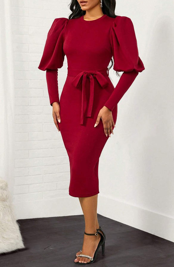 Women's Lantern Sleeve Temperament Commuter Bag Buttock Dress