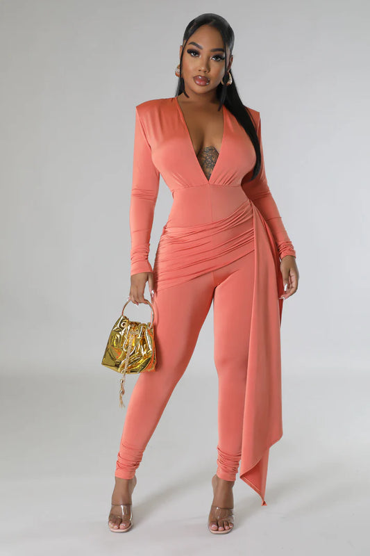 Women's Solid V-neck Long-sleeved Jumpsuit