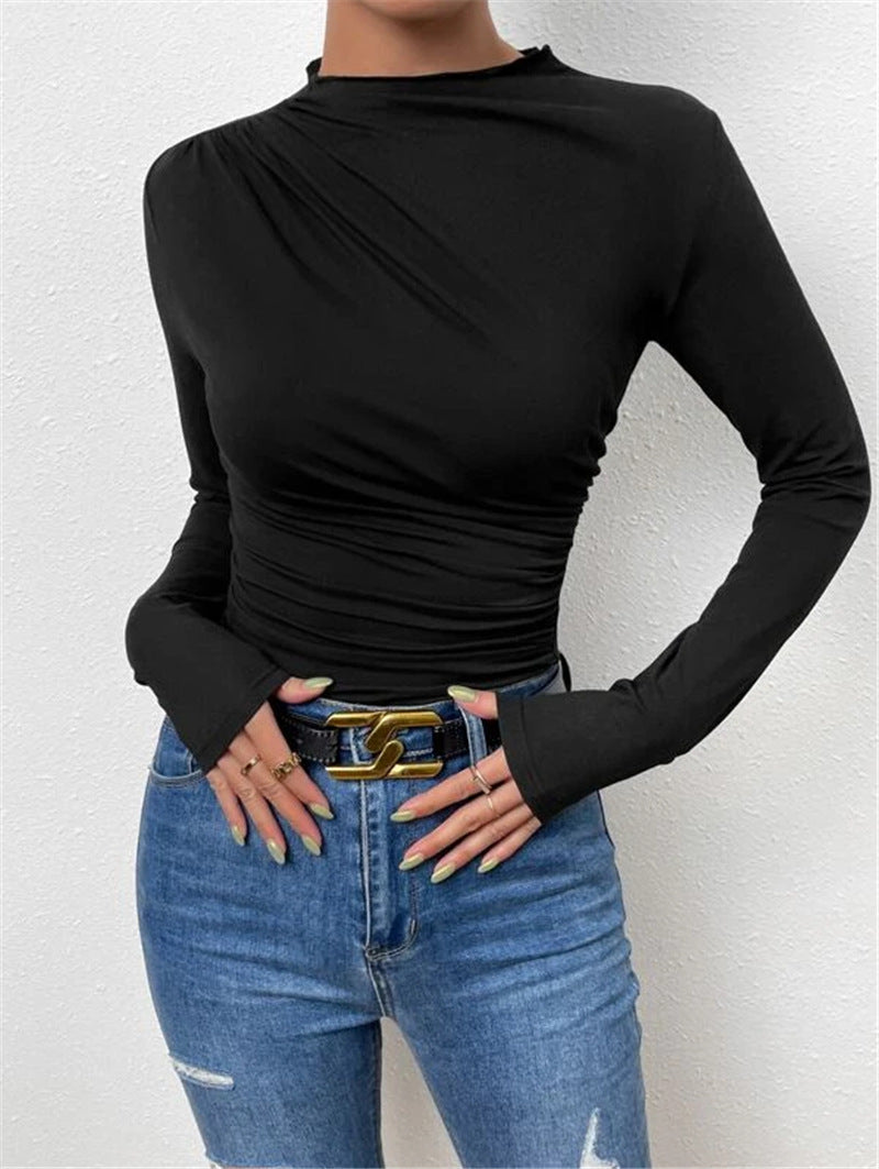 Solid Color Slim-Fit Base Shirt With Pleated Design Long Sleeve T-Shirt Ladies Top