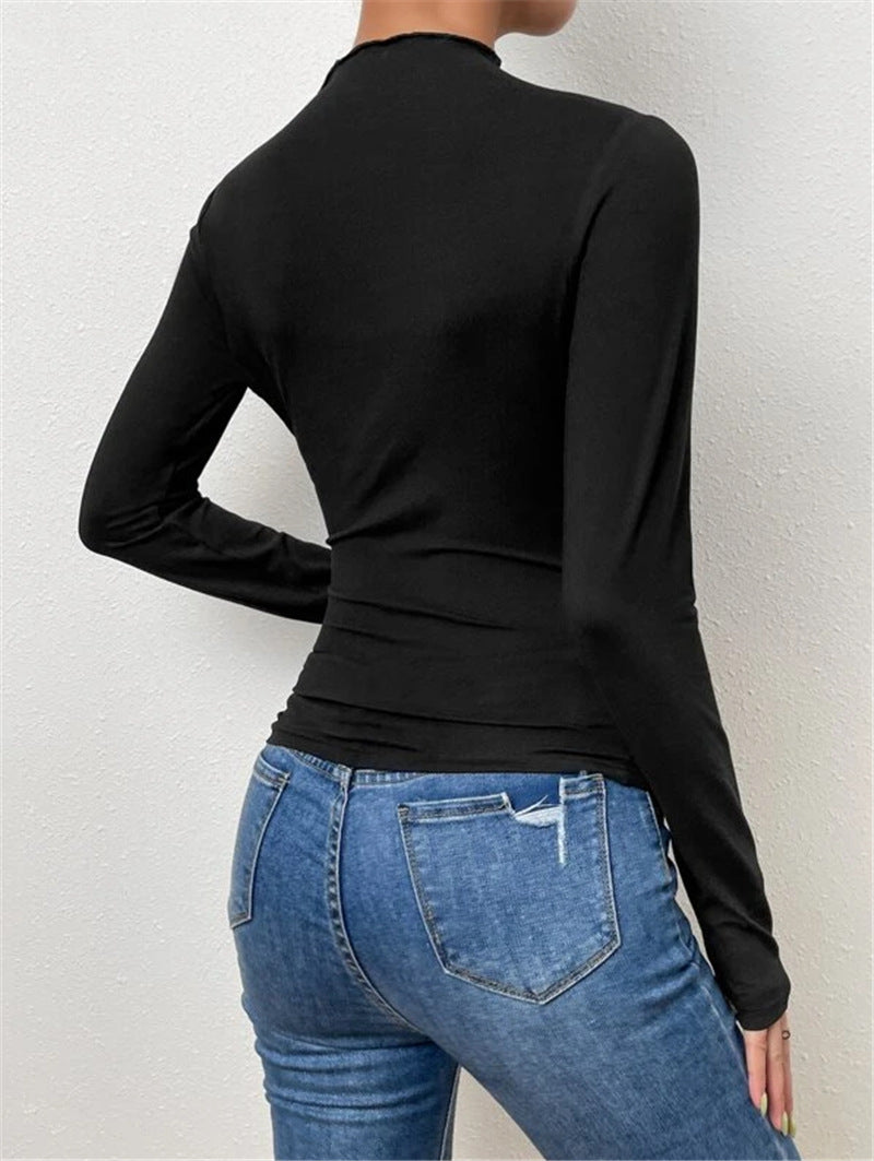 Solid Color Slim-Fit Base Shirt With Pleated Design Long Sleeve T-Shirt Ladies Top