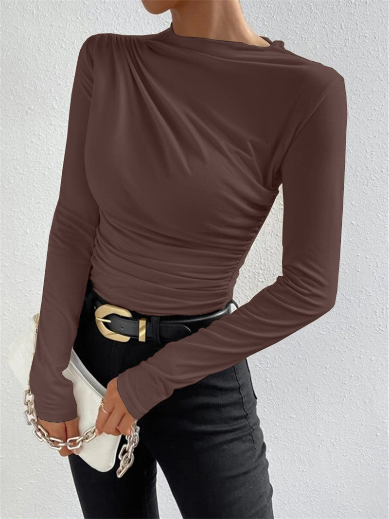 Solid Color Slim-Fit Base Shirt With Pleated Design Long Sleeve T-Shirt Ladies Top