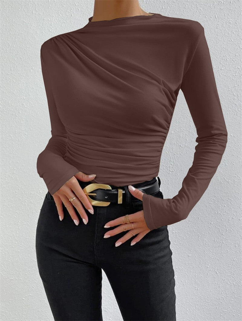 Solid Color Slim-Fit Base Shirt With Pleated Design Long Sleeve T-Shirt Ladies Top