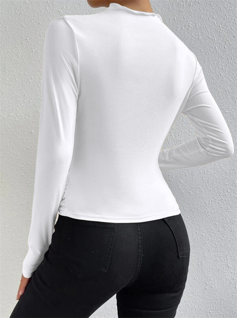 Solid Color Slim-Fit Base Shirt With Pleated Design Long Sleeve T-Shirt Ladies Top