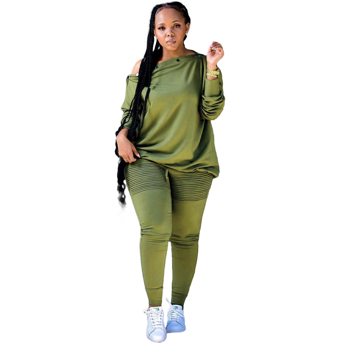 Europe And The United States Autumn And Winter Women's Breasted One-Line Collar Pleated Lace-Up Pants Casual Two-Piece Set