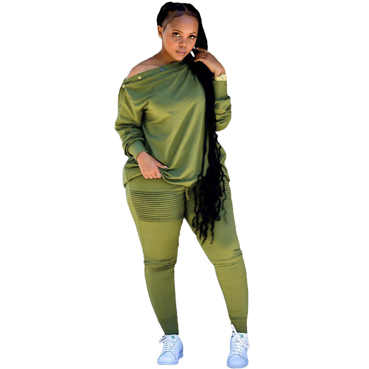 Europe And The United States Autumn And Winter Women's Breasted One-Line Collar Pleated Lace-Up Pants Casual Two-Piece Set