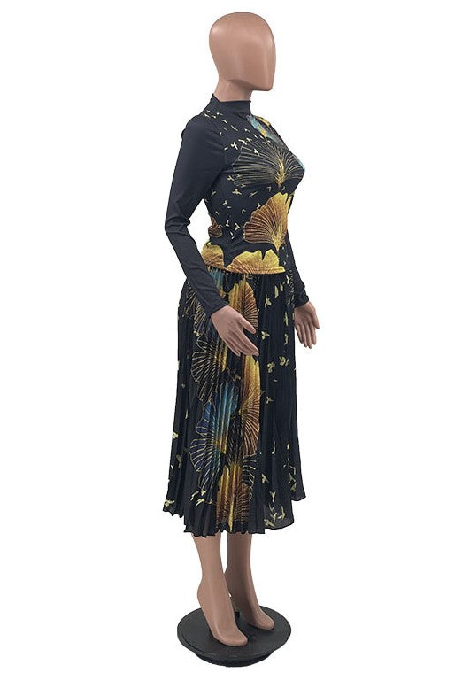 Autumn/Winter 2022 New Fashion Printed Pleated High Waist Skirt Set