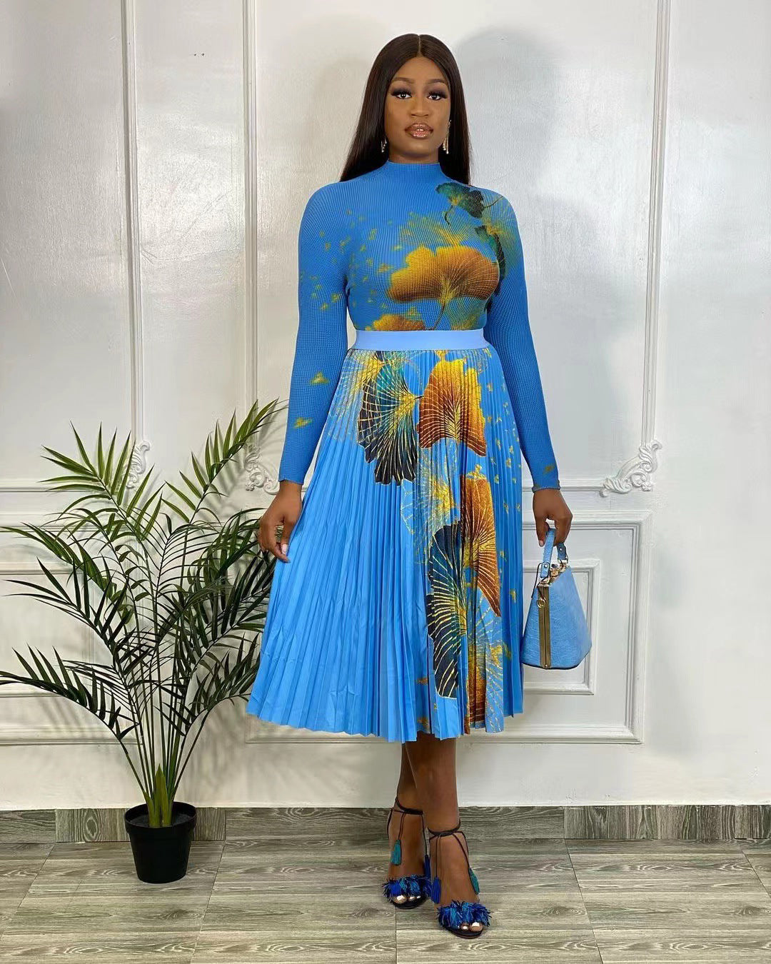 Autumn/Winter 2022 New Fashion Printed Pleated High Waist Skirt Set