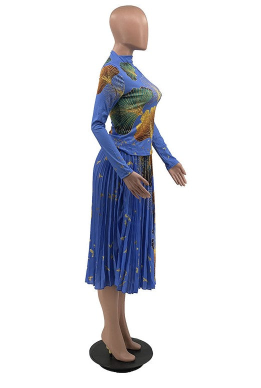Autumn/Winter 2022 New Fashion Printed Pleated High Waist Skirt Set