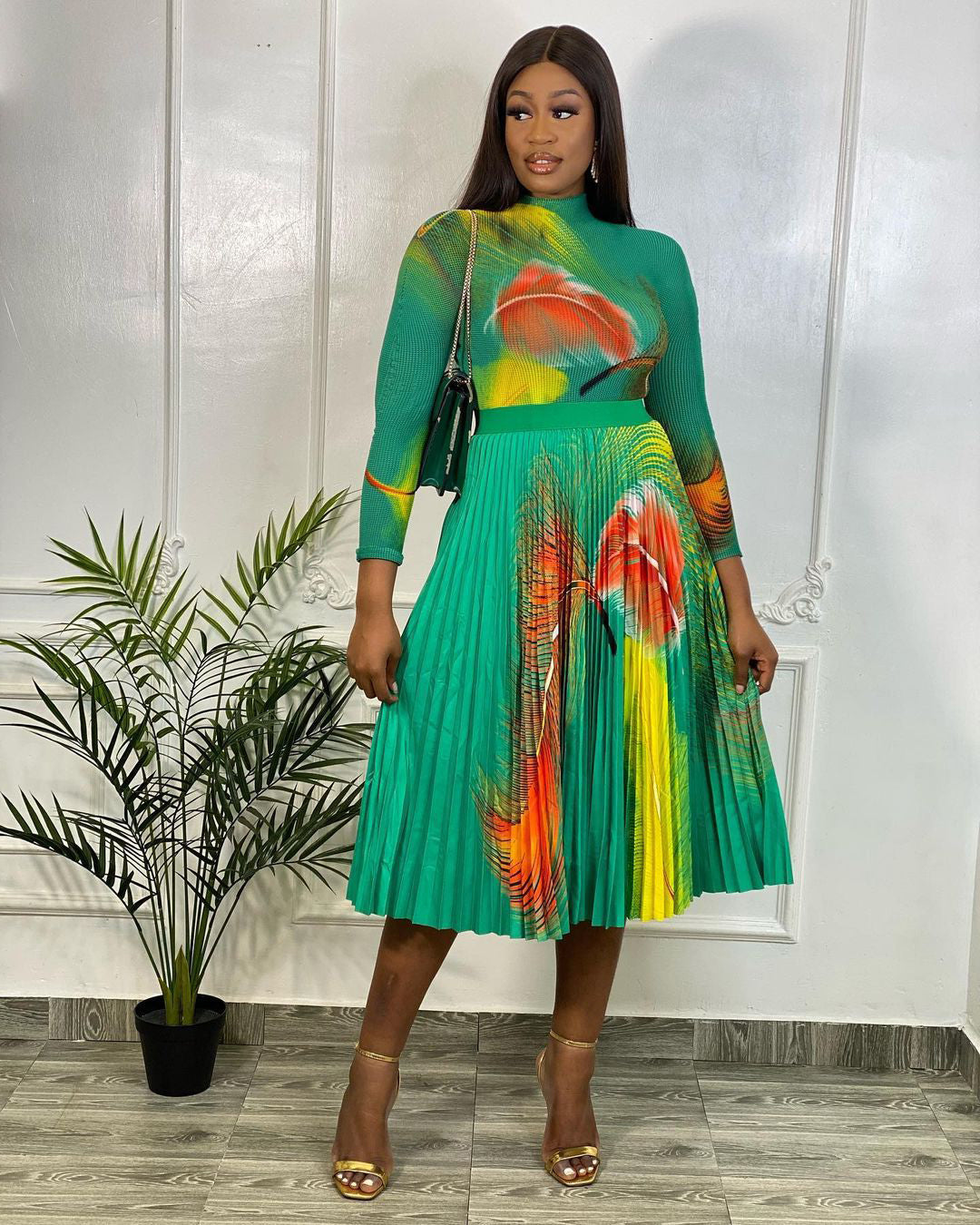 Autumn/Winter 2022 New Fashion Printed Pleated High Waist Skirt Set